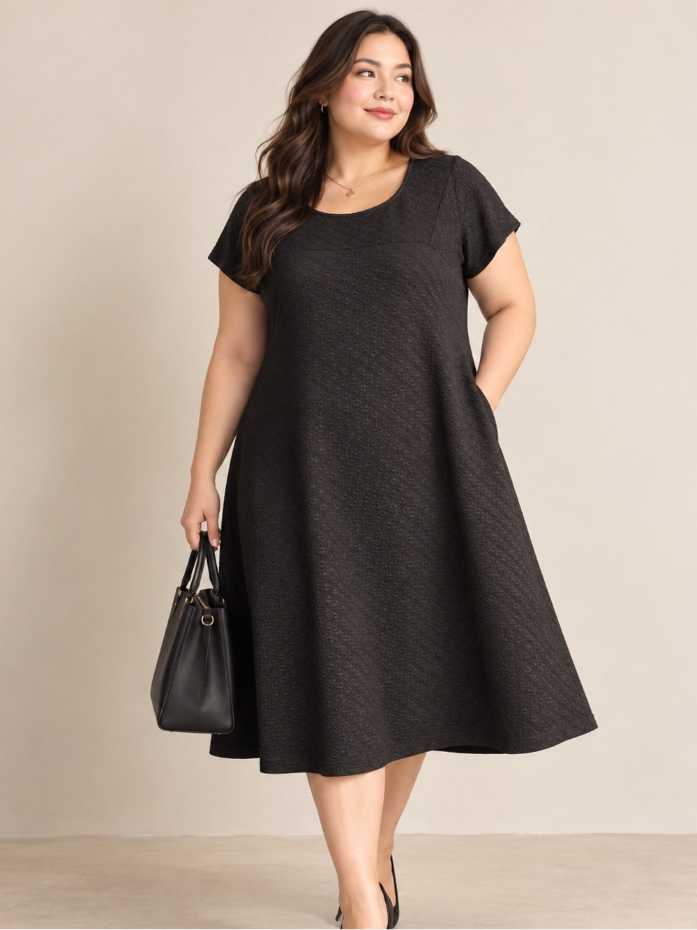 M.STUDIO Black Textured A-Line Midi Dress